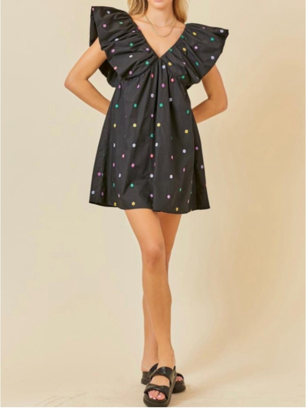 Day + Moon Black Floral Embroidered Mini Dress Women's Size Medium Puff Sleeve - Picture 2 of 13